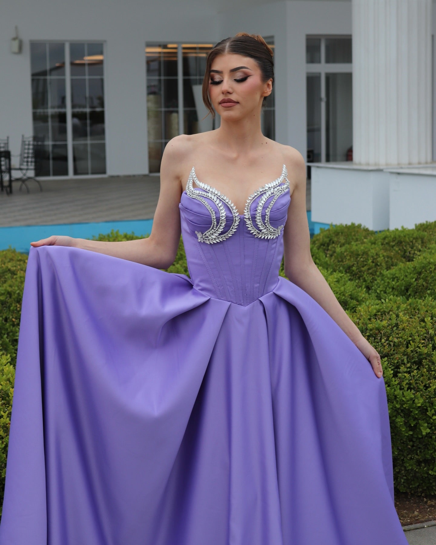 Elegant A-line Sweetheart Sleeveless Ruffled Satin Purple Evening Dress - Fashionpara