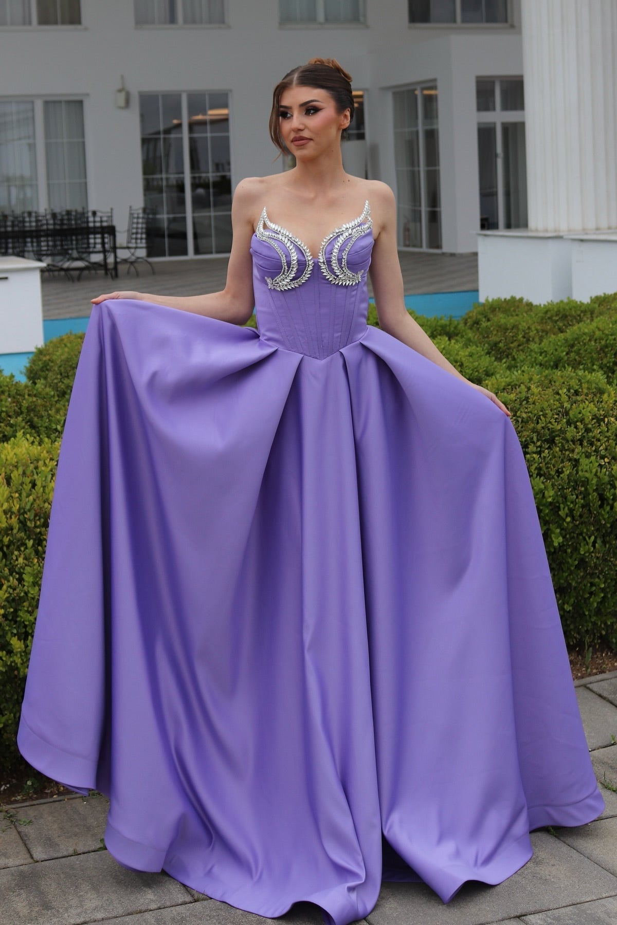 Elegant A-line Sweetheart Sleeveless Ruffled Satin Purple Evening Dress - Fashionpara