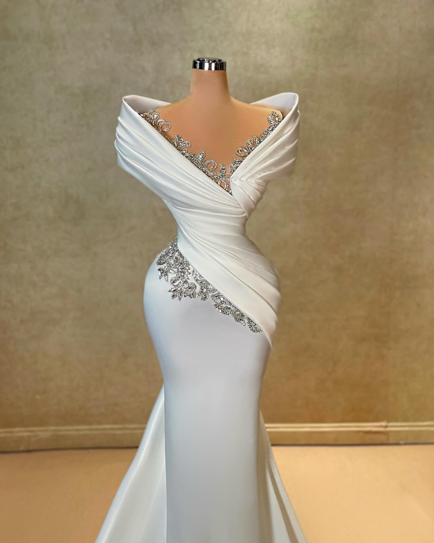 Elegant A-line One Shoulder Cap Sleeve Ruffled Satin Train White Long Prom Gown - Fashionpara