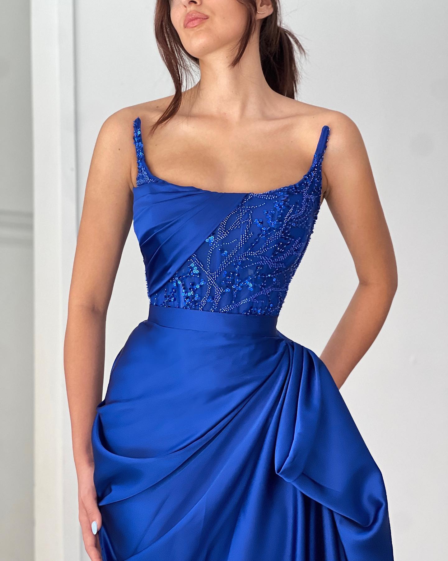 Graceful A-line Ruffled Sleeveless Square Satin Ocean Blue Prom Dress - Fashionpara