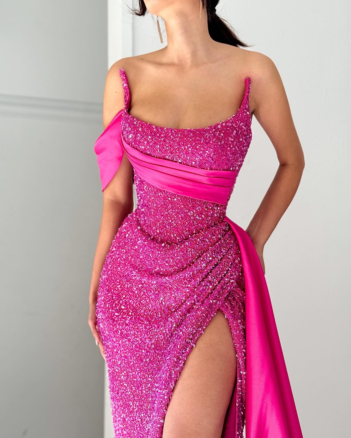 Elegant A-line Satin Sequined Sleeveless Halter Pink Long Prom Dress - Fashionpara