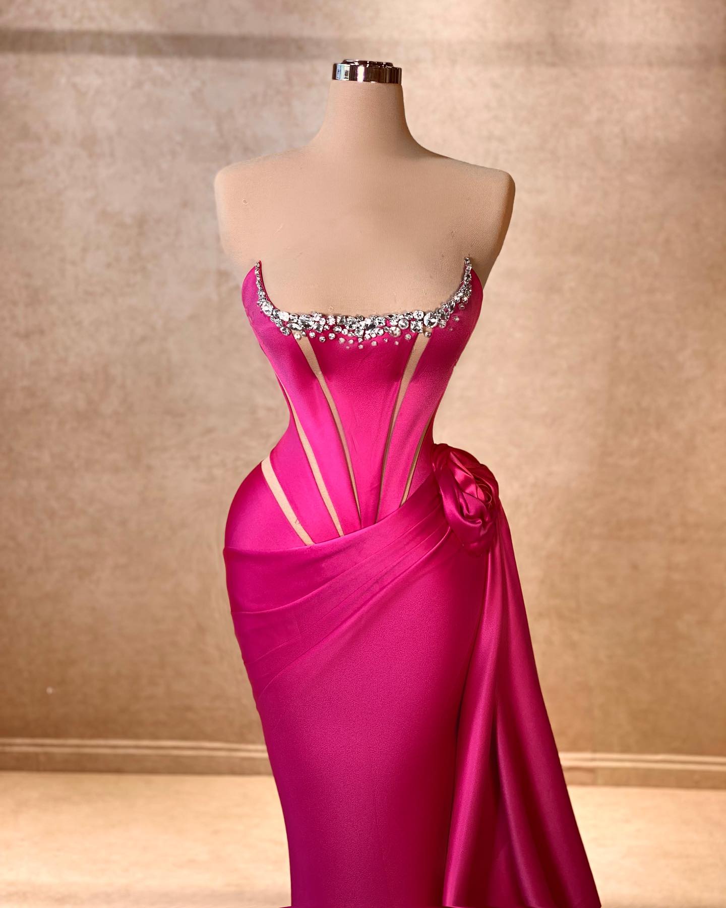 Elegant Column Square Sleeveless Rhinestone Satin Fuchsia Long Prom Gown - Fashionpara