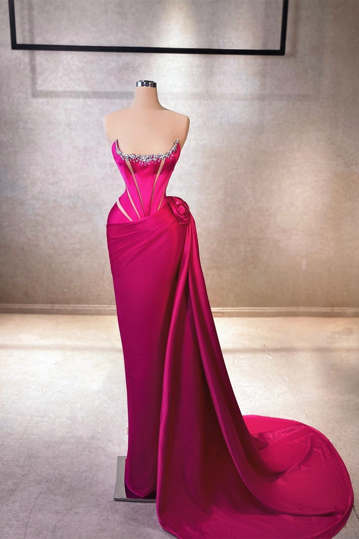 Elegant Column Square Sleeveless Rhinestone Satin Fuchsia Long Prom Gown - Fashionpara