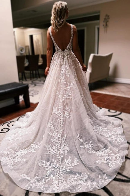 Elegant Long A-line V-neck Backless Lace Glitter Sleeveless Wedding Gown