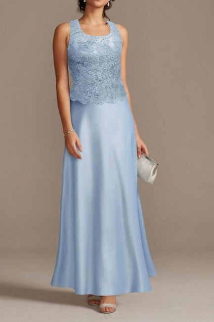 Elegant Long Blue Lace Satin Mother of the Bride Dress with Coordinating Jacket