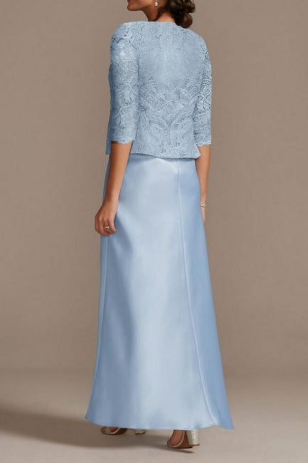 Elegant Long Blue Lace Satin Mother of the Bride Dress with Coordinating Jacket - Fashionpara