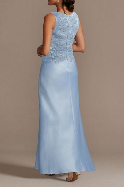 Elegant Long Blue Lace Satin Mother of the Bride Dress with Coordinating Jacket - Fashionpara