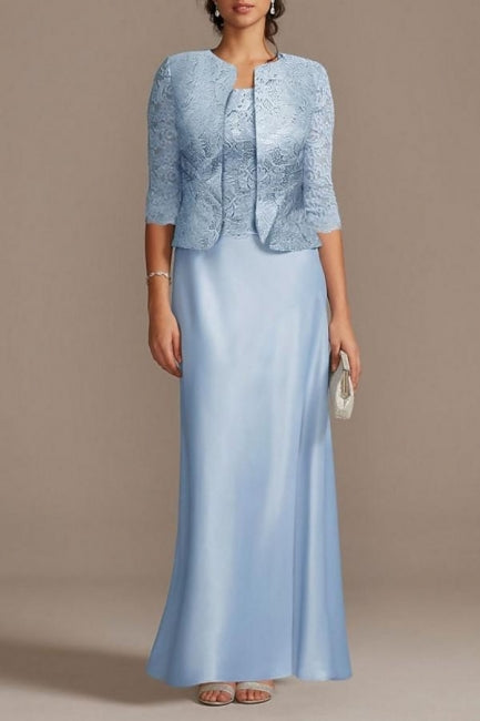 Elegant Long Blue Lace Satin Mother of the Bride Dress with Coordinating Jacket