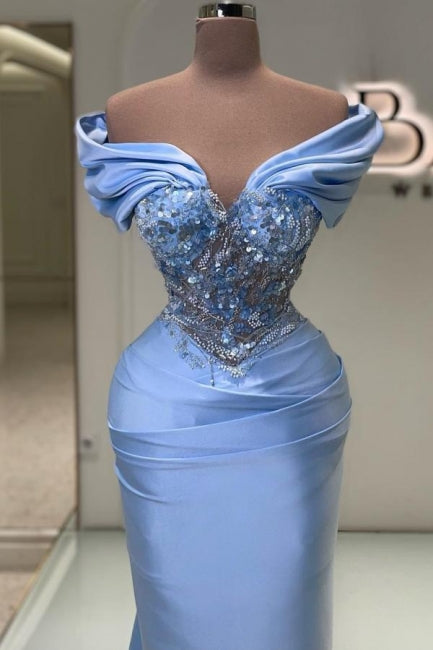 Elegant Long Blue Mermaid Off-the-shoulder Lace Beaded Sleeveless Prom Gown - Fashionpara