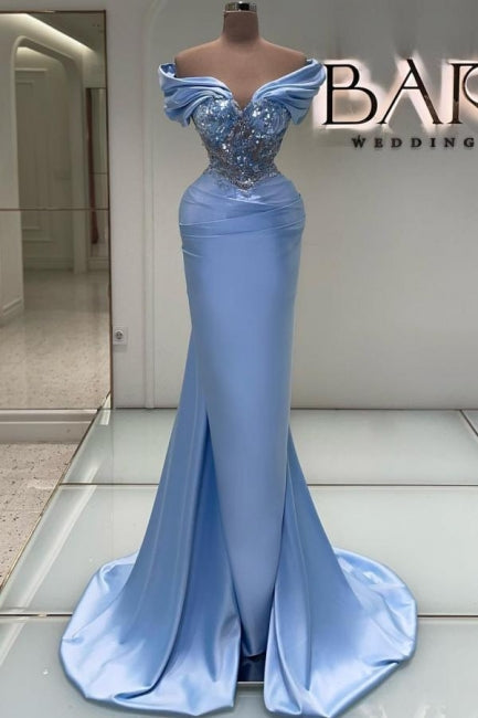 Elegant Long Blue Mermaid Off-the-shoulder Lace Beaded Sleeveless Prom Gown - Fashionpara