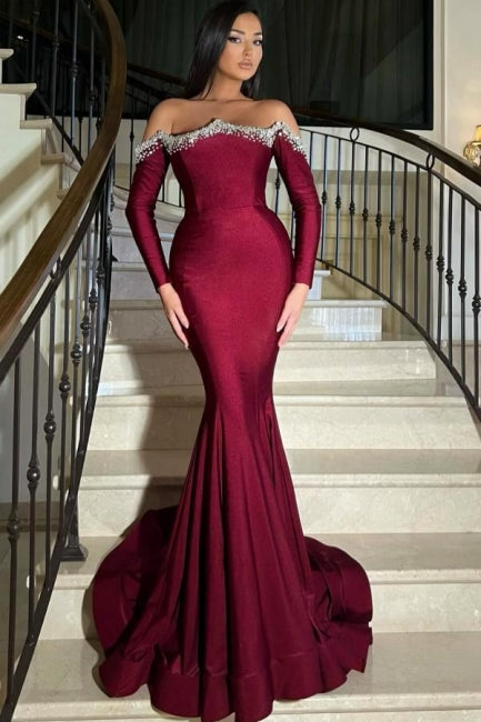 Elegant Long Burgundy Mermaid Rhinestone Prom Dress with Long Sleeves - Fashionpara