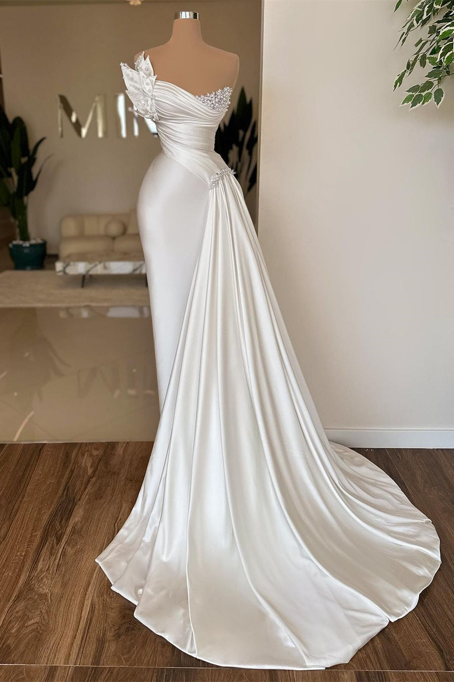 Refined Long Ivory Mermaid Sleeveless Satin Prom Gown With Pearls - Fashionpara