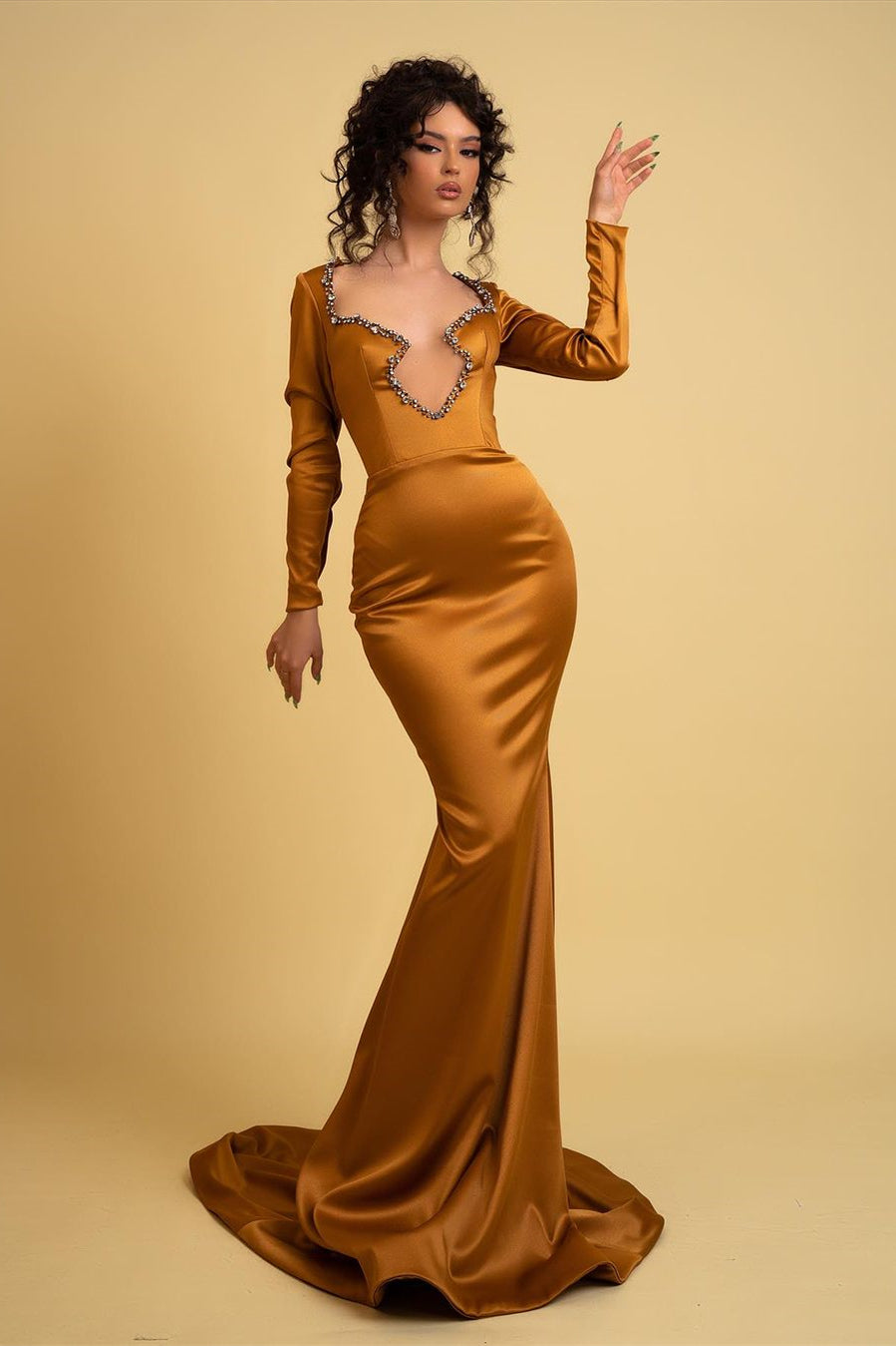 Elegant Long Mermaid Dress With Irregular Neckline Satin Fabric And Rhinestones Accents And Long Sleeves - Fashionpara