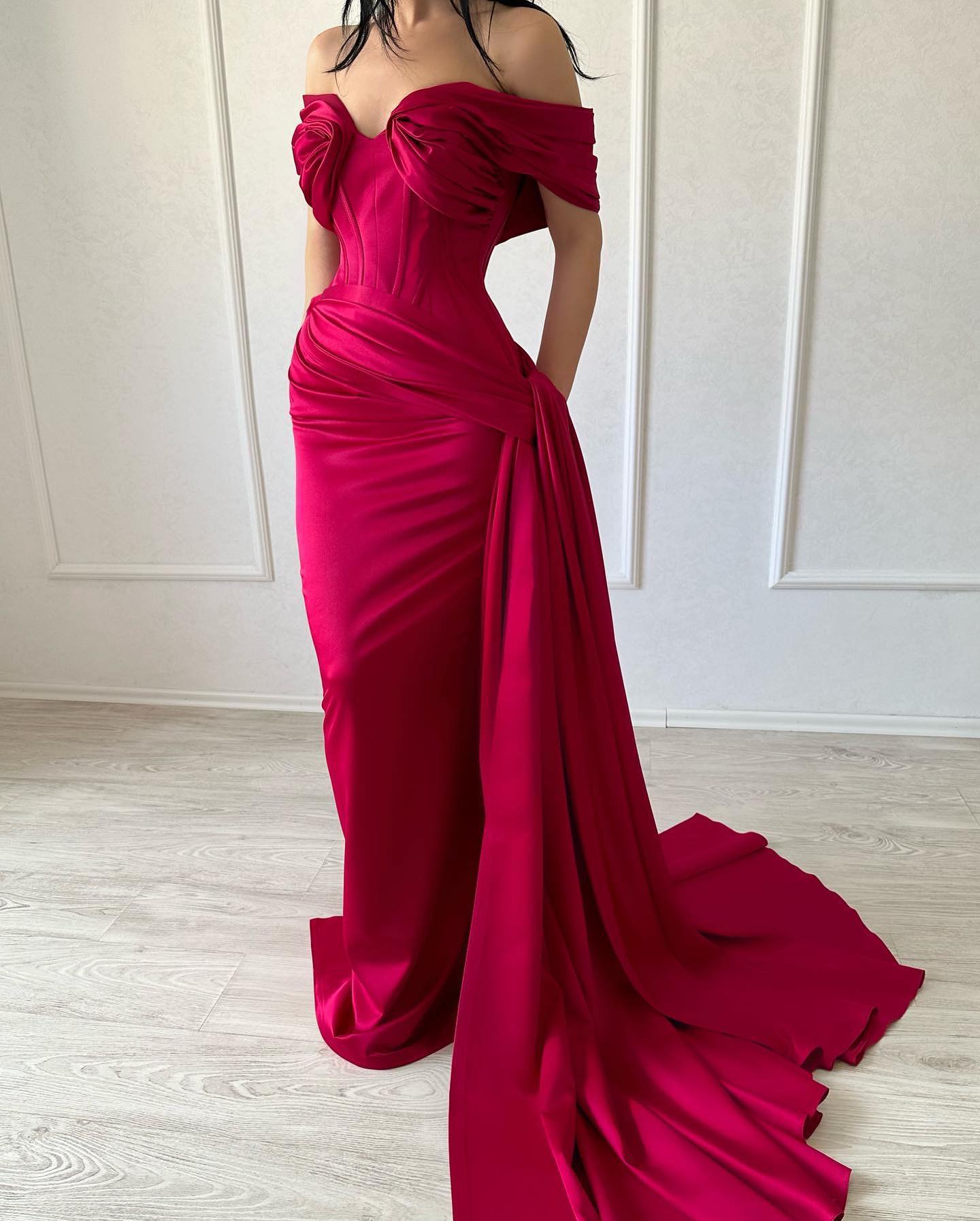 Refined Long Mermaid Off-the-shoulder Sleeveless V-neck Satin Fuchsia Prom Gown - Fashionpara