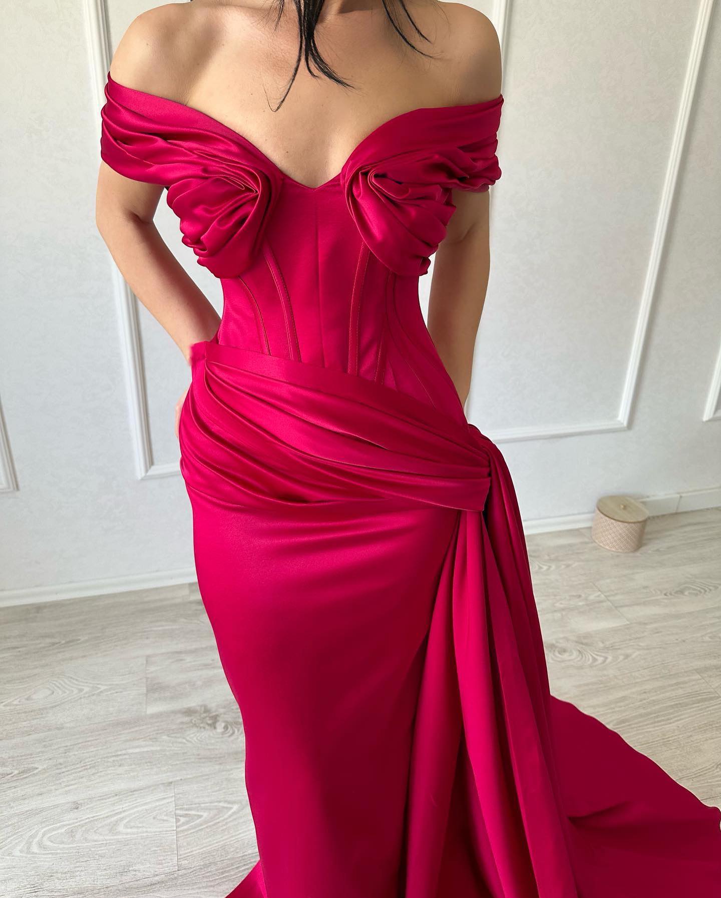 Refined Long Mermaid Off-the-shoulder Sleeveless V-neck Satin Fuchsia Prom Gown - Fashionpara