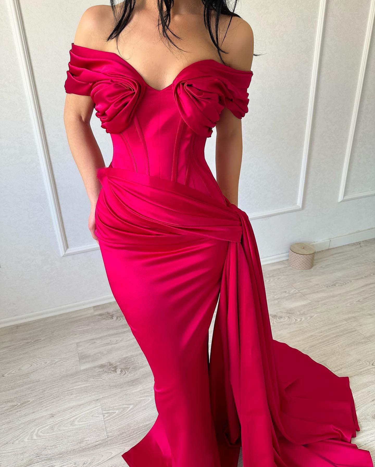 Refined Long Mermaid Off-the-shoulder Sleeveless V-neck Satin Fuchsia Prom Gown - Fashionpara