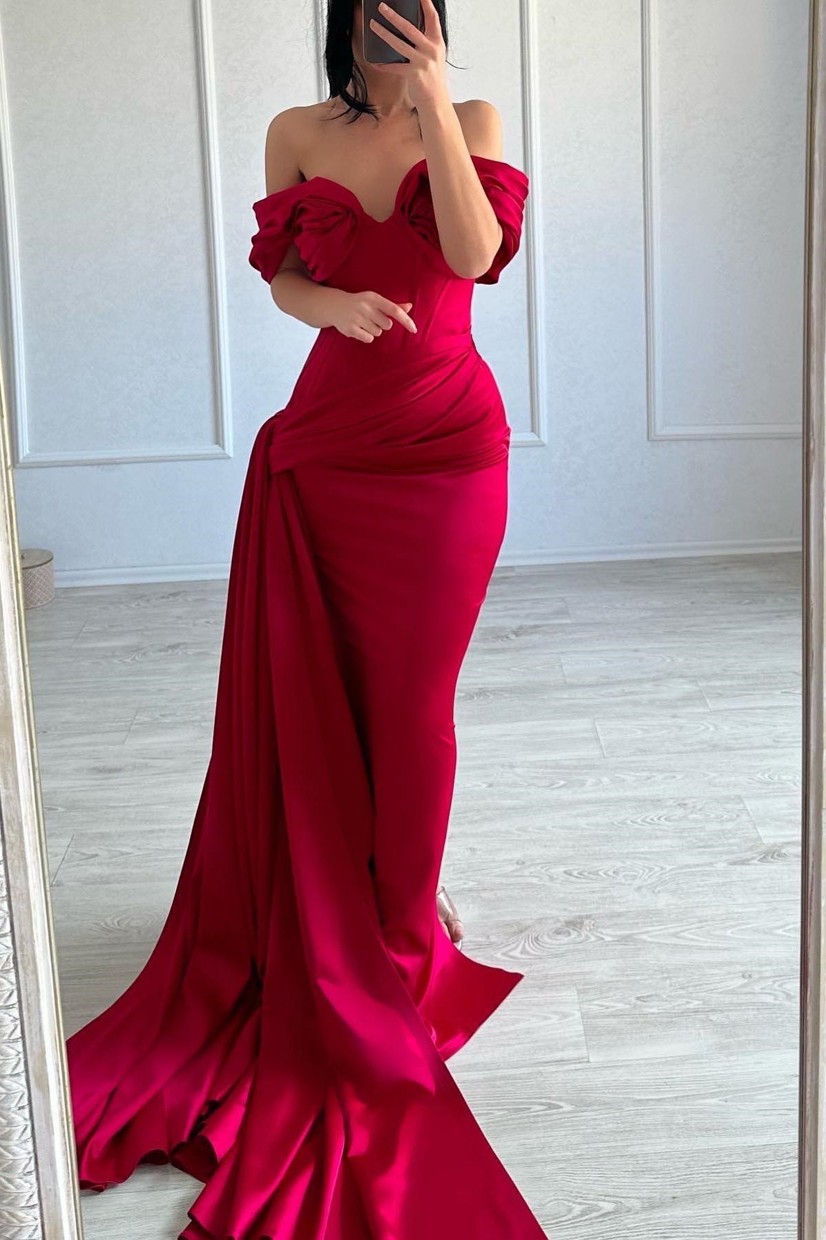 Refined Long Mermaid Off-the-shoulder Sleeveless V-neck Satin Fuchsia Prom Gown - Fashionpara