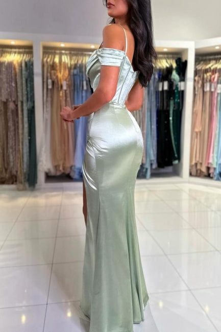 Sophisticated Long Mermaid Simple Spaghetti Straps Off-the-shoulder Satin Prom Gown with Elegant Slit - Fashionpara