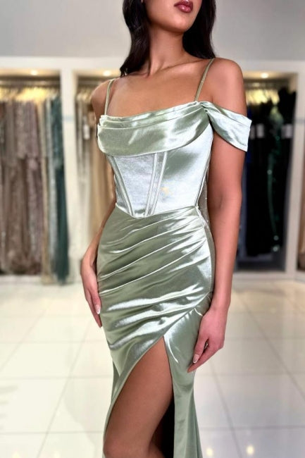 Sophisticated Long Mermaid Simple Spaghetti Straps Off-the-shoulder Satin Prom Gown with Elegant Slit - Fashionpara