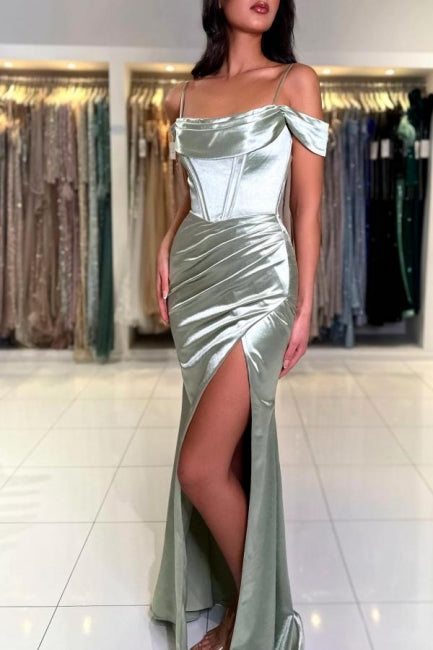 Sophisticated Long Mermaid Simple Spaghetti Straps Off-the-shoulder Satin Prom Gown with Elegant Slit - Fashionpara