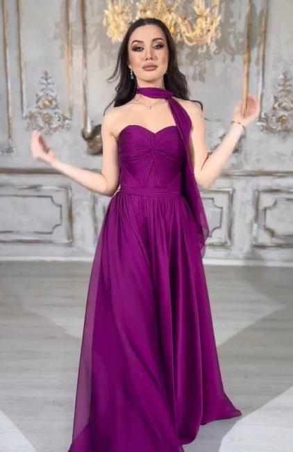 Graceful Long Purple A-line Strapless Laced-up Evening Dress - Fashionpara