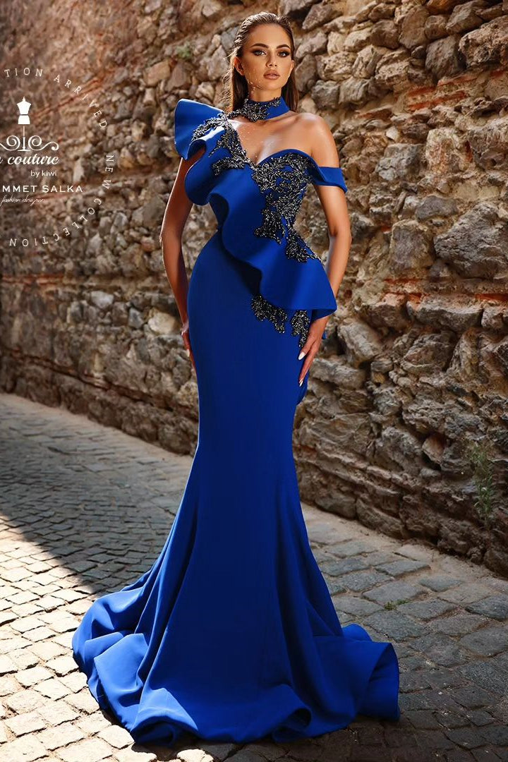 Elegant Long Royal Blue One-Shoulder Mermaid Dress with Beading and Ruffles - Fashionpara