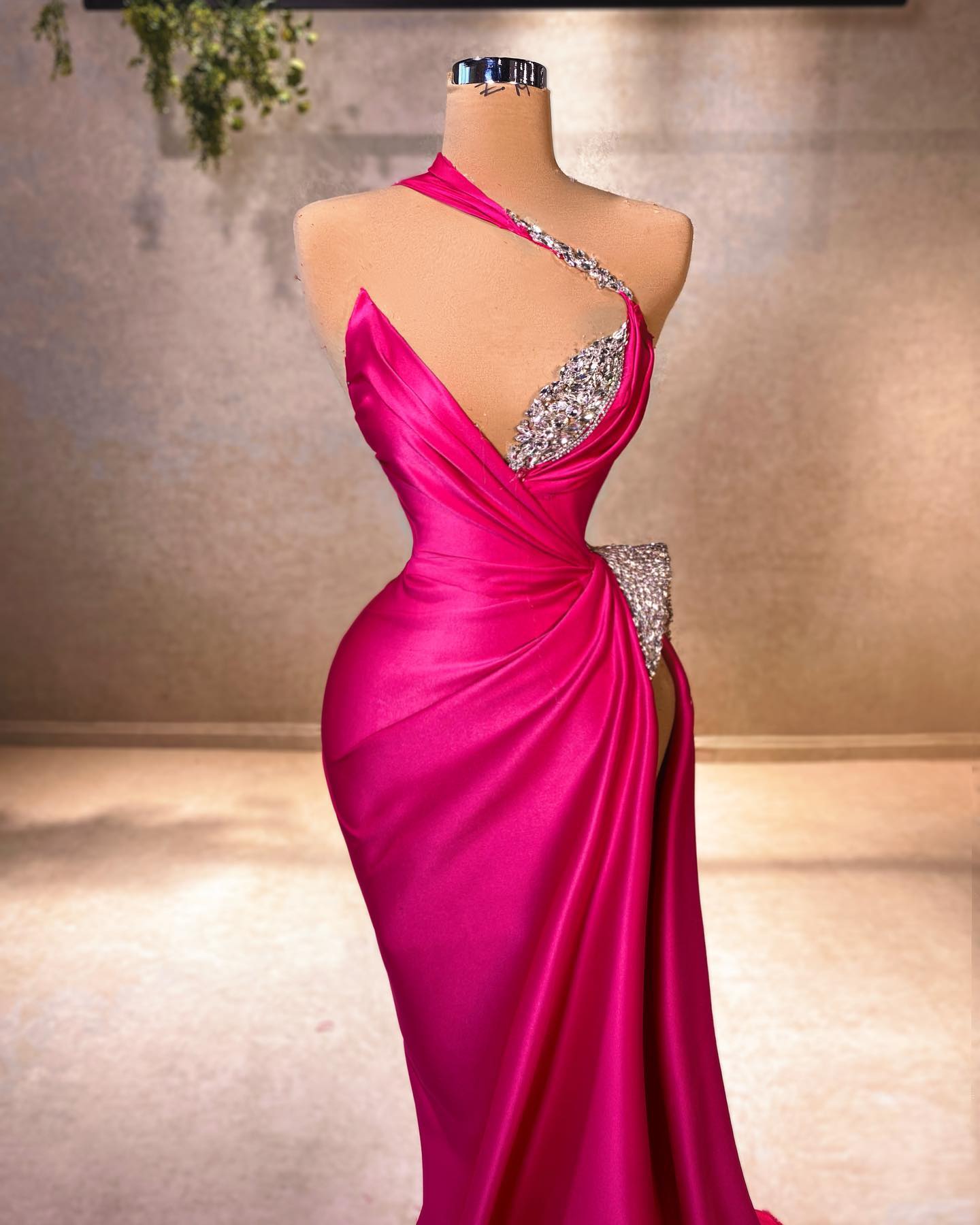 Refined Mermaid V-neck Sleeveless Ruffled Satin Split Front Fuchsia Prom Dress - Fashionpara