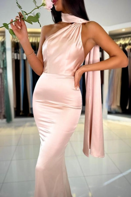 Elegant Pink Long Simple Mermaid One Shoulder Sleeveless Satin Prom Gown - Fashionpara