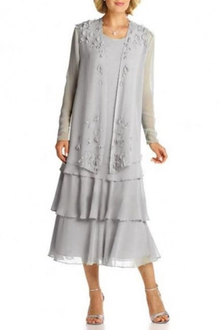 Elegant Silver Chiffon Mother of the Bride Dress with Matching Jacket