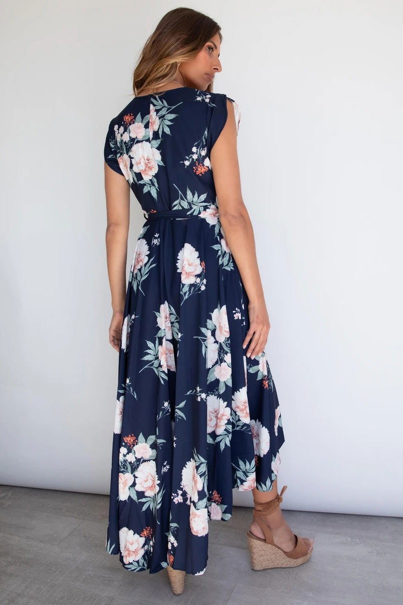 Elegant Printed Short Sleeves High Low Maxi Dress