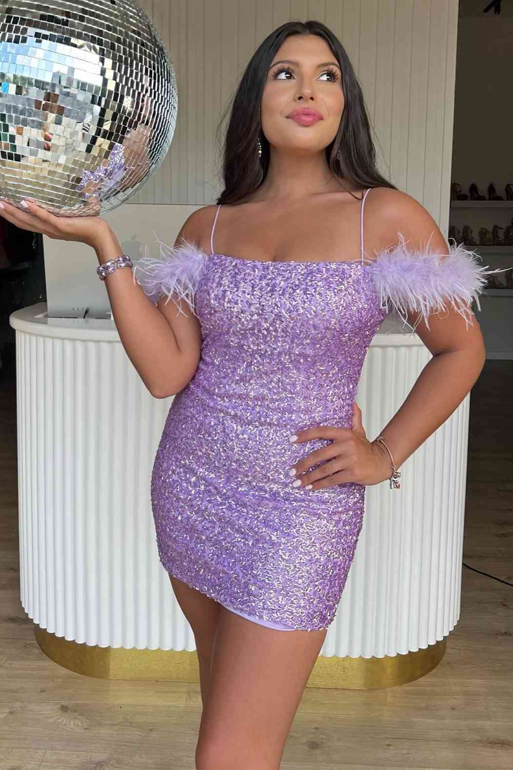 Georgiana Bodycon Sequined Homecoming Dress with Feathers