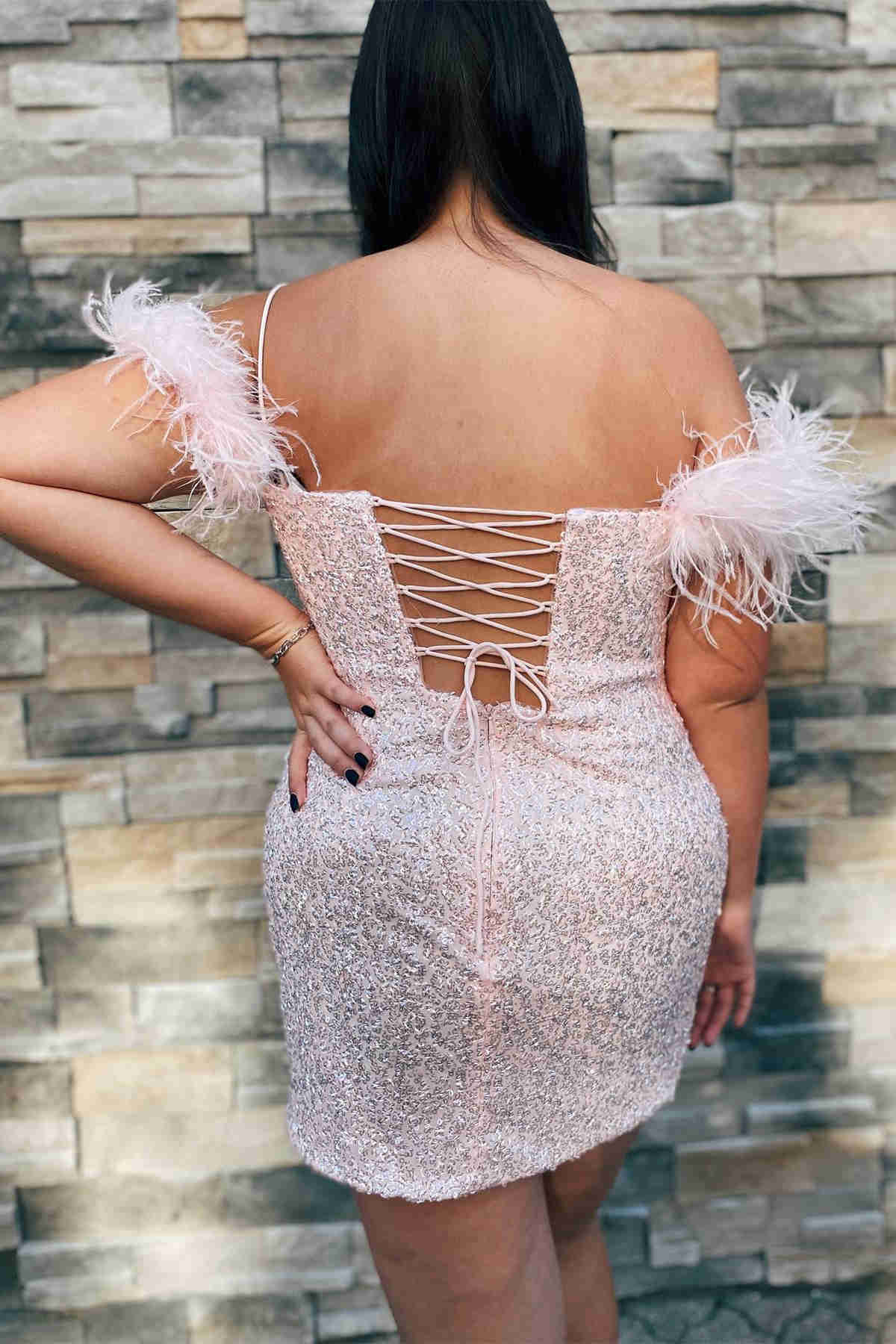 Georgiana Bodycon Sequined Homecoming Dress with Feathers