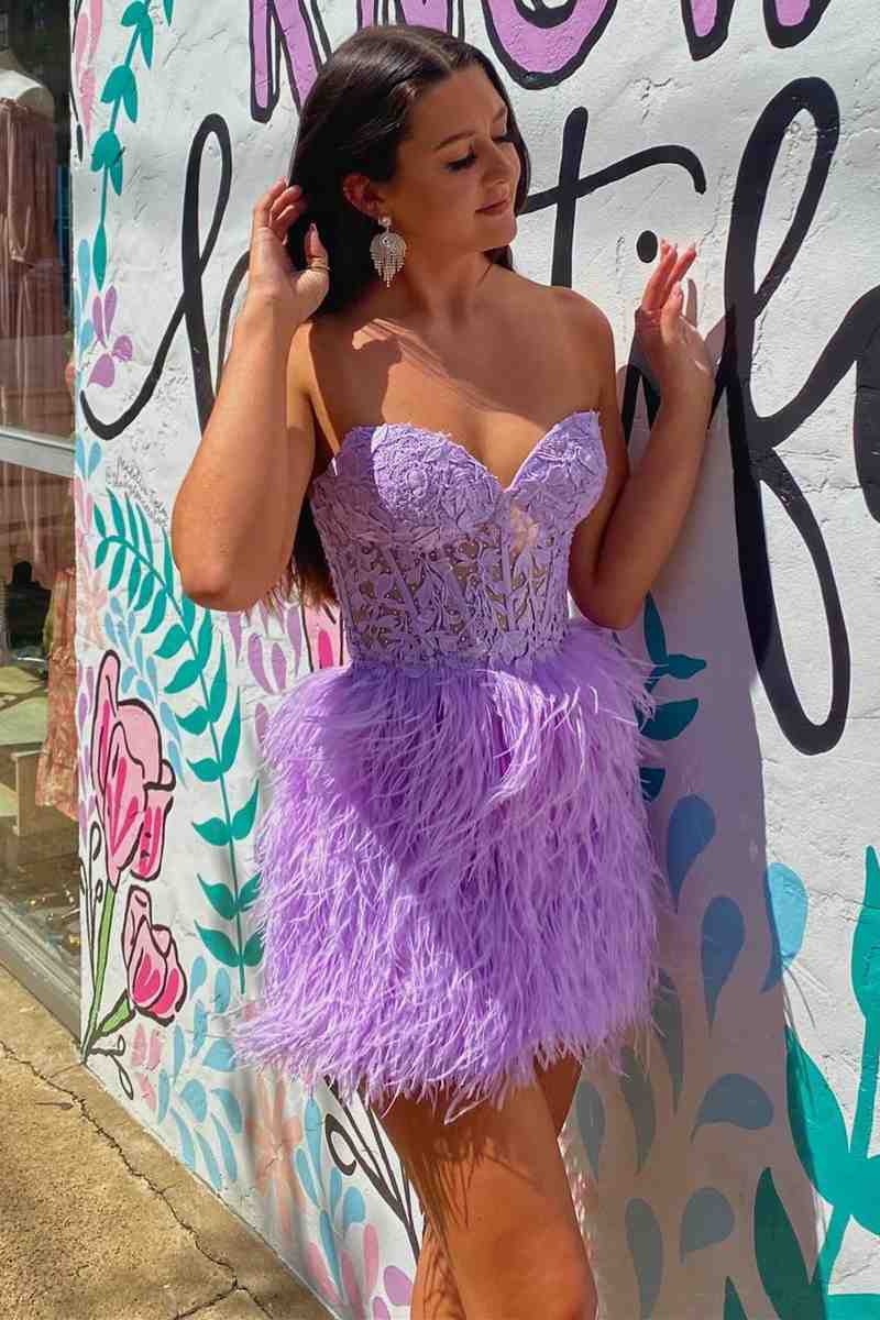 Amina Sheath Sweetheart Lace Feathered Skirt Homecoming Dress