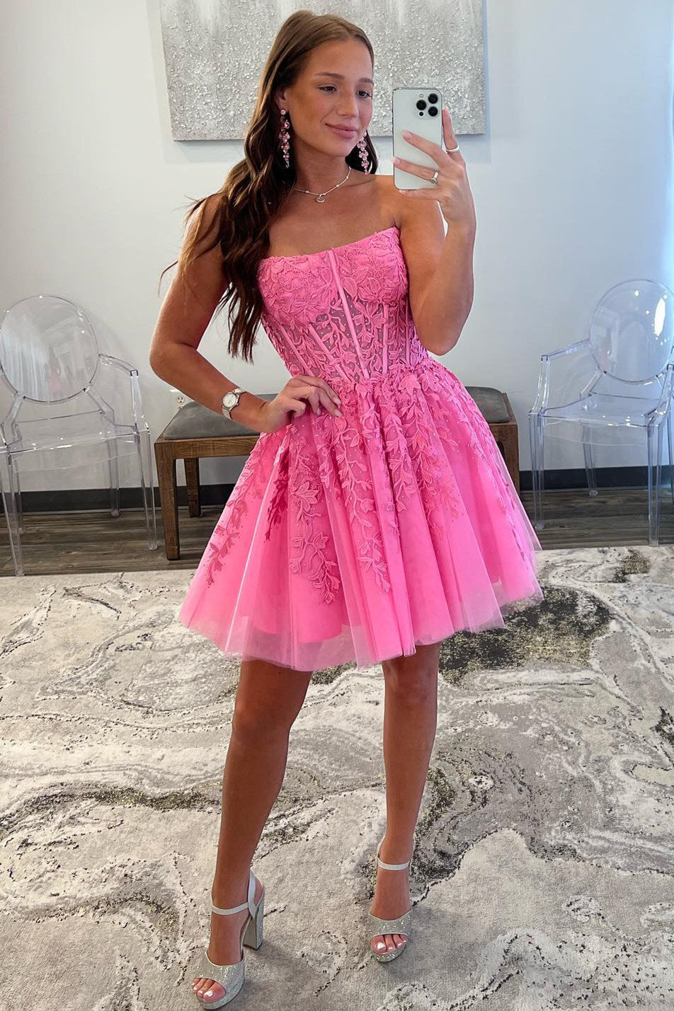 Petunia A-Line Tulle Lace Homecoming Dress with Applique Accents