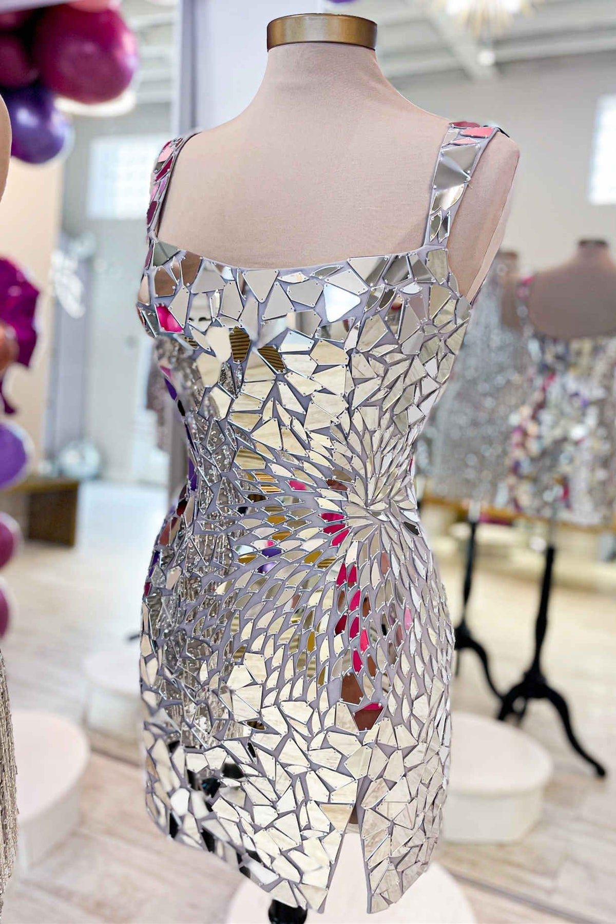 Square-Neck Silver Cut-Mirror Sequin Bodycon Homecoming Dress