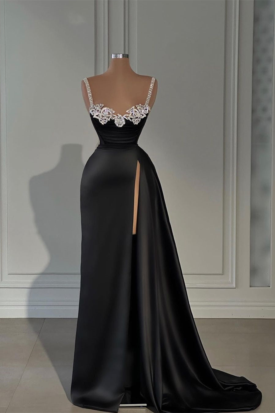 Fabulous Long Black A-line Straps Dress with Crystal Sleeveless and Slit - Fashionpara