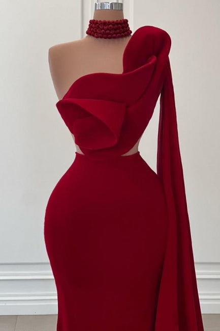 Fabulous Long Burgundy One-Shoulder Mermaid Sleeveless Prom Gown with Ruffles - Fashionpara