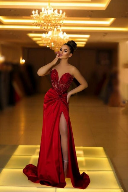 Fabulous Long Burgundy V-neck Lace Satin Evening Gown with Slit - Fashionpara