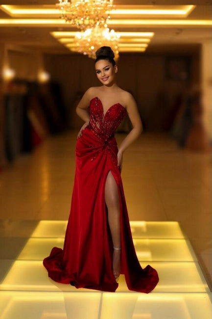 Fabulous Long Burgundy V-neck Lace Satin Evening Gown with Slit - Fashionpara