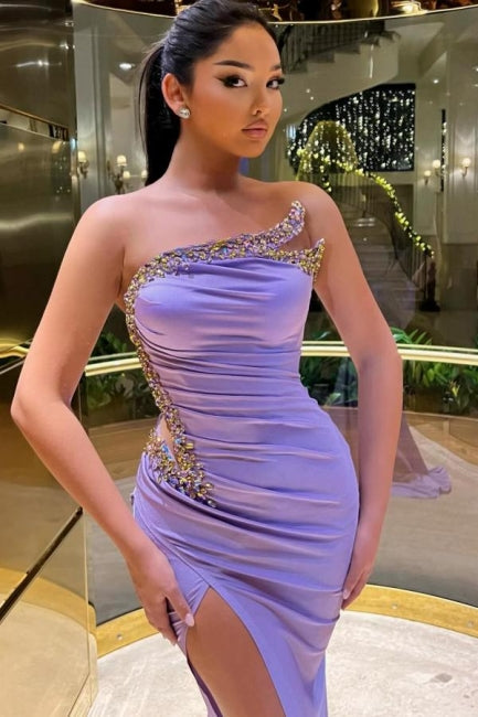 Fabulous Long Lilac Strapless Beaded Mermaid Satin Prom Dress with High Slit - Fashionpara