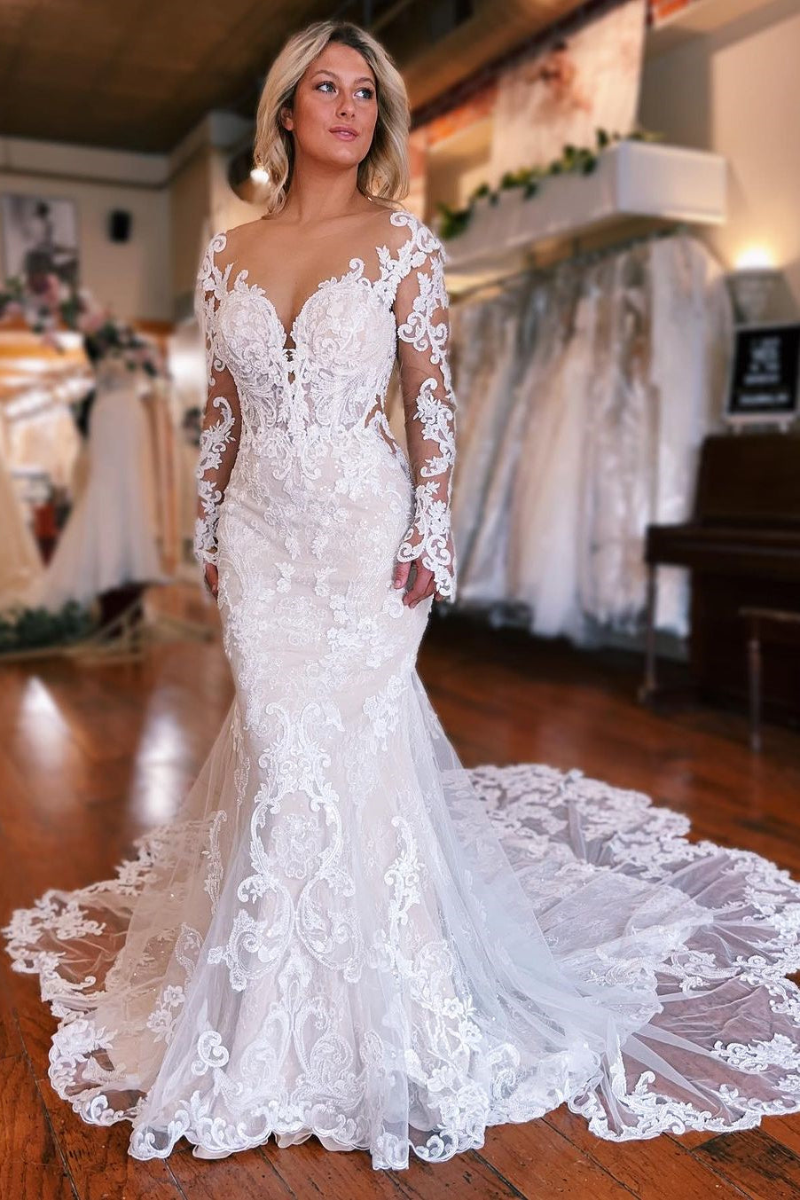 Fabulous Long Mermaid Backless V-neck Lace Wedding Gown With Detachable Train - Fashionpara