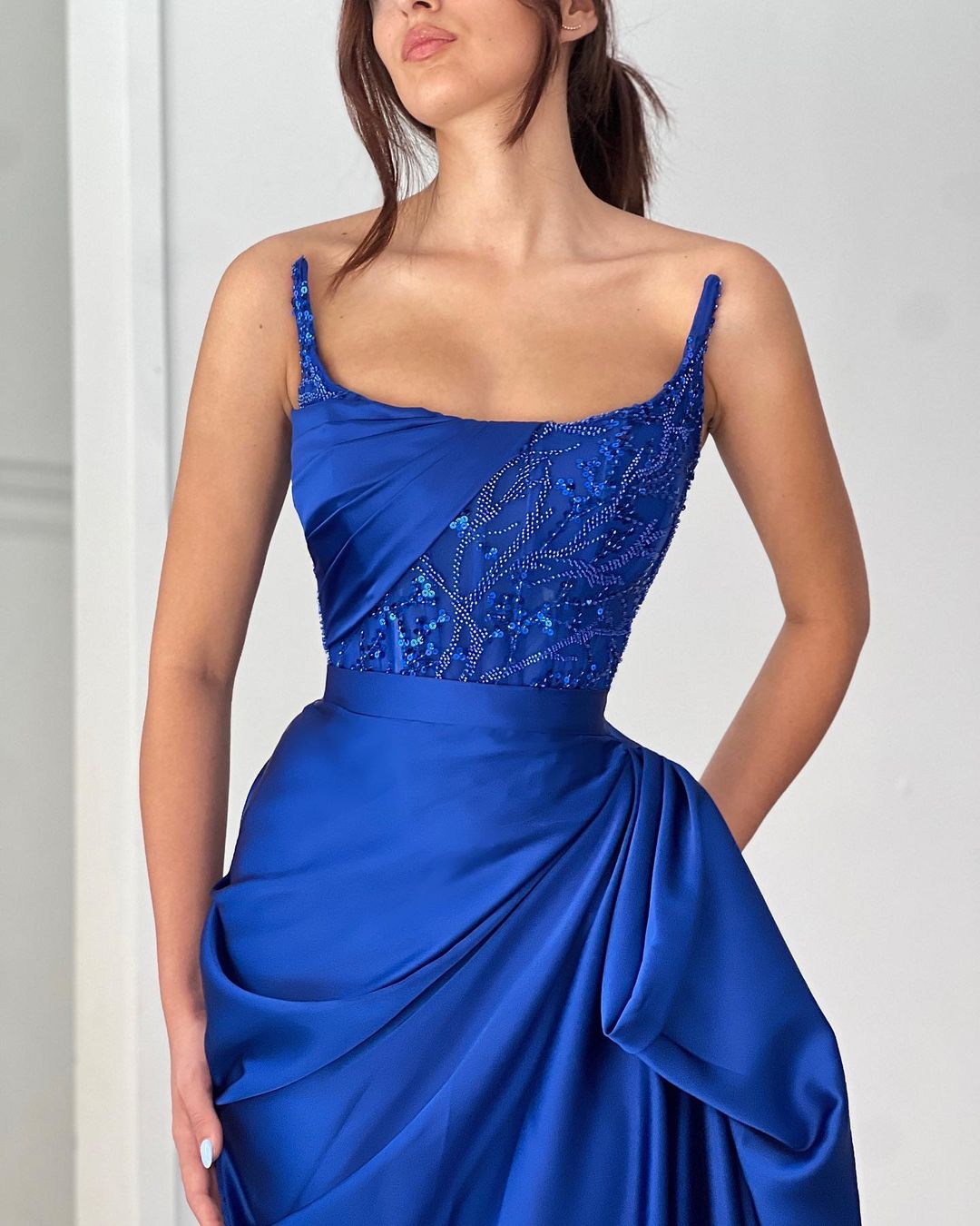 Fabulous Long Royal Blue Sequined Dress With Sleeveless Design Beading And Ruffles For Prom - Fashionpara