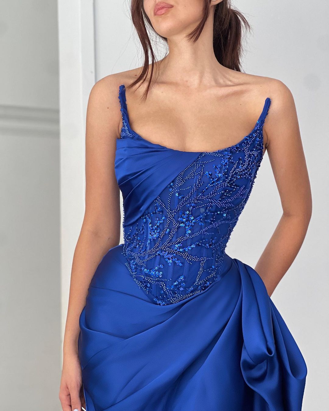 Fabulous Long Royal Blue Sequined Dress With Sleeveless Design Beading And Ruffles For Prom - Fashionpara