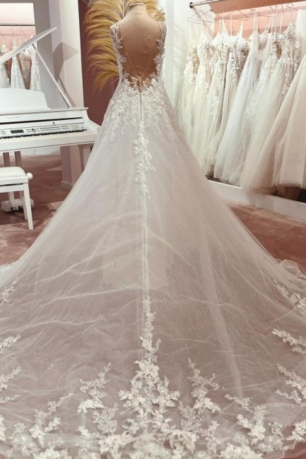 Fashionable Long A-line V-neck Lace Tulle Wedding Dress with Train