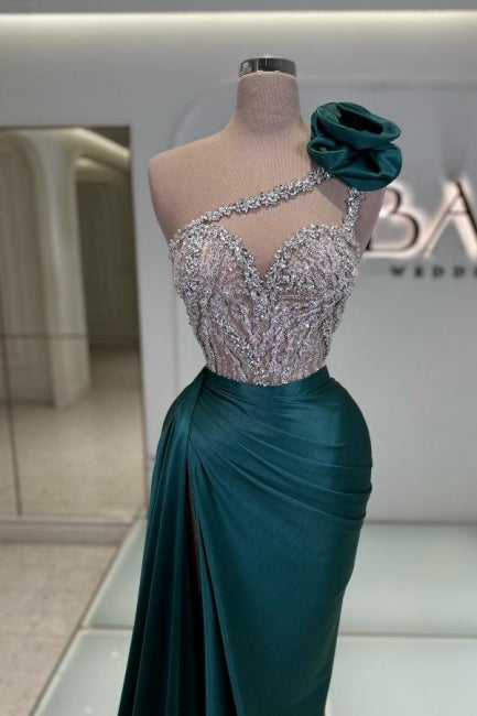 Fashionable Long Dark Green One Shoulder Jewel Sleeveless Prom Gown - Fashionpara