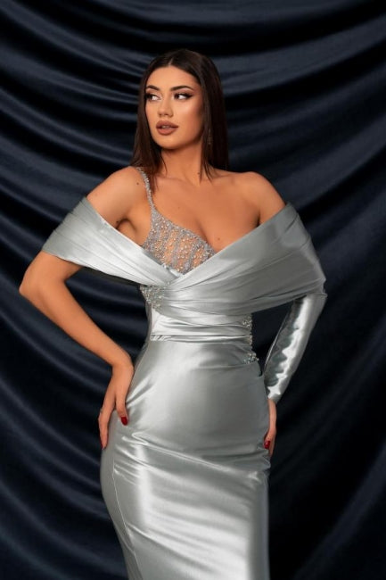 Fashionable Long Silver Mermaid Off-the-shoulder Lace Prom Gown with Long Sleeves - Fashionpara