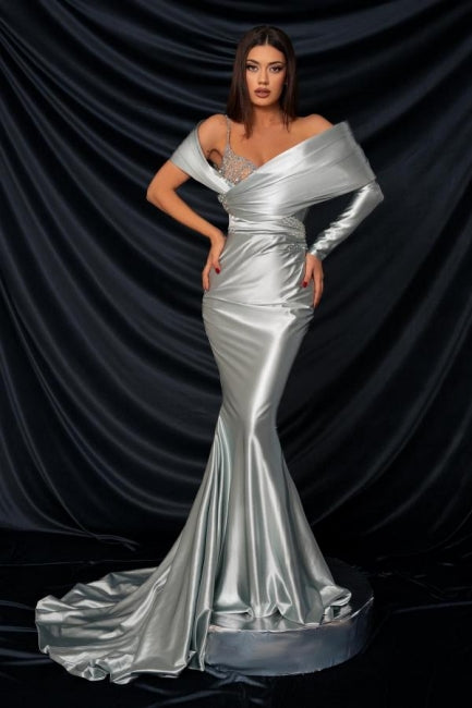 Fashionable Long Silver Mermaid Off-the-shoulder Lace Prom Gown with Long Sleeves - Fashionpara