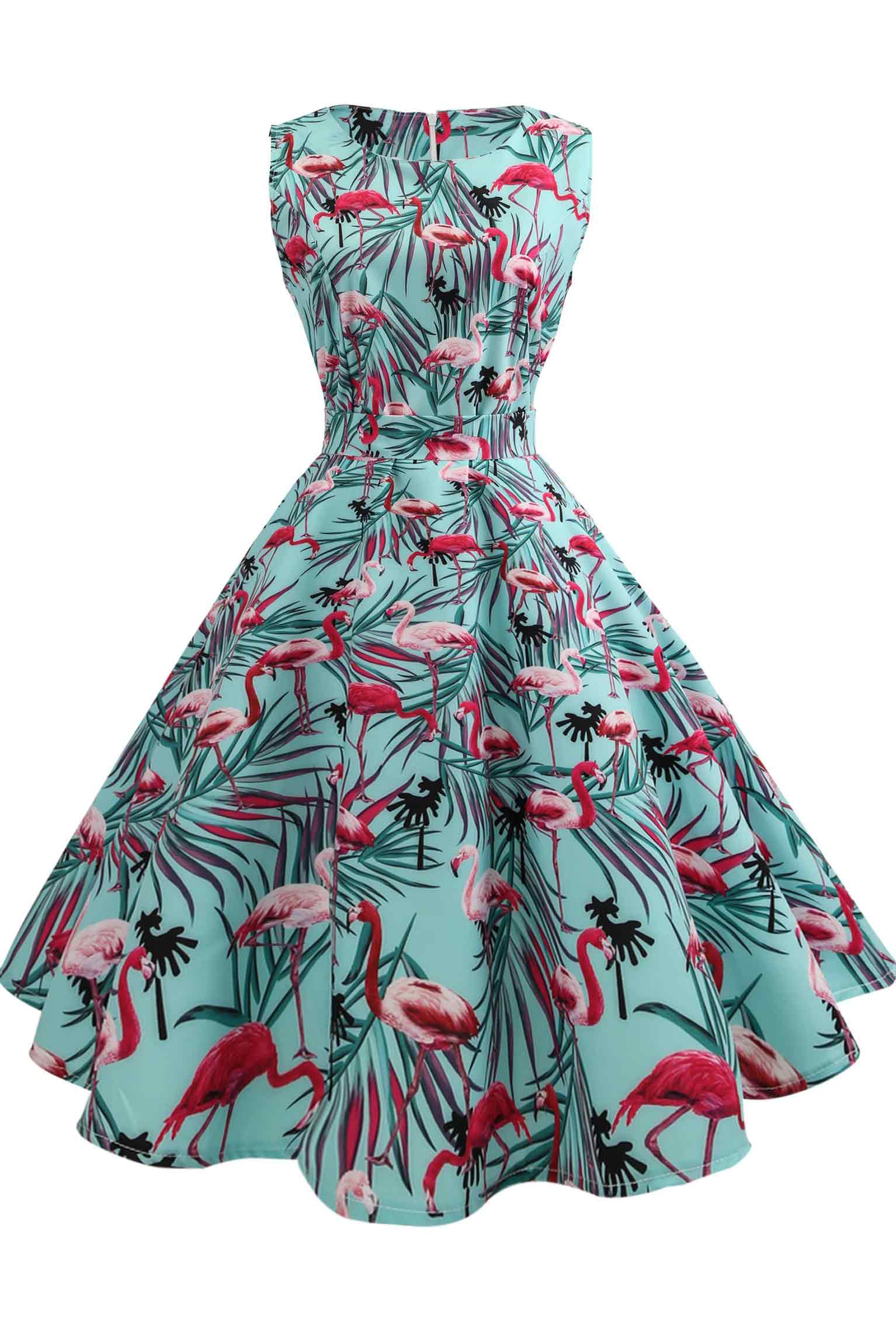 Flamingo Print Vintage Sleeveless A-line Dress