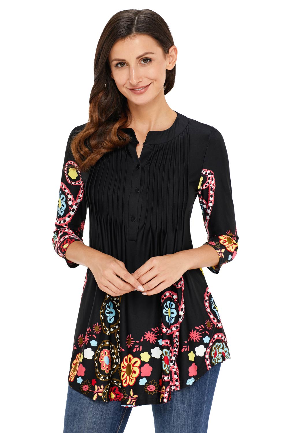 Floral Button Front Pleated T-shirt - Mislish