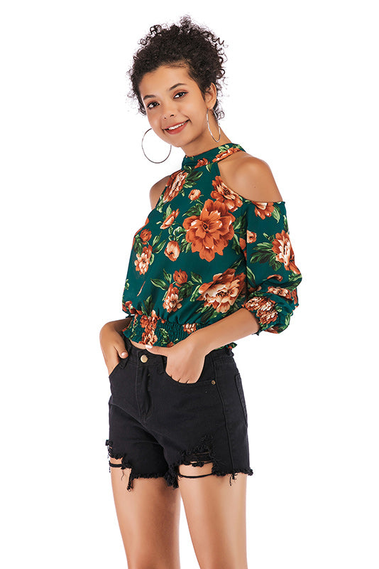 Floral Print Off-the-shoulder Shirred Blouse